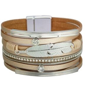 BoHo Feather Wide Rimmed Leather Bracelet, Rhinestone Studded, Cream Color